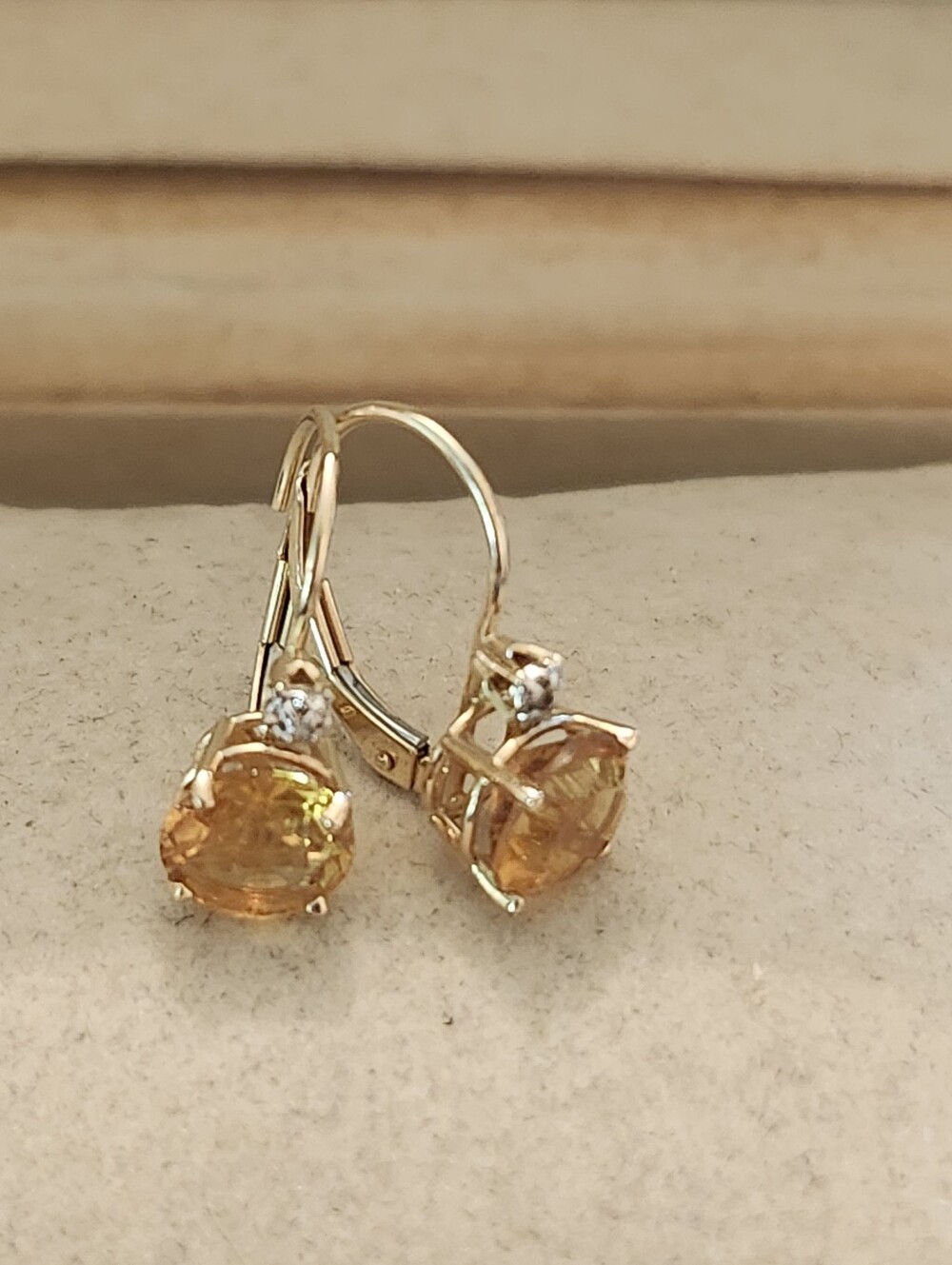 14kt Gold Leverback Earrings with Maderia Citrine + DIAMONDS - Picture 13 of 15